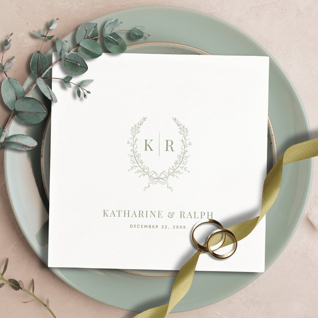 Serviette En Papier Sage Botaniacal & Ribbon Crest Monogram Mariage (Créateur téléchargé)