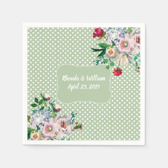 Serviette En Papier Sage clair avec points blancs et Mariage de fleurs (Devant)