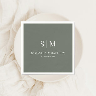 Serviette En Papier Sage foncé Simple Élégant Couple Initiales Mariage