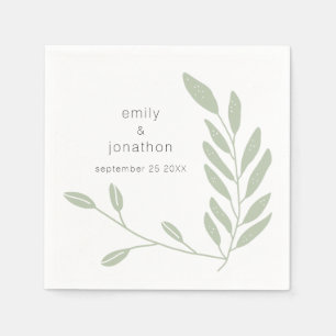 Serviette En Papier Sage Green Artsy Feuilles Noms Date Mariage Napkin
