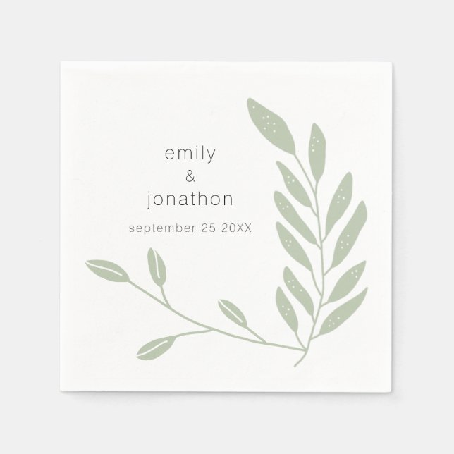 Serviette En Papier Sage Green Artsy Feuilles Noms Date Mariage Napkin (Devant)