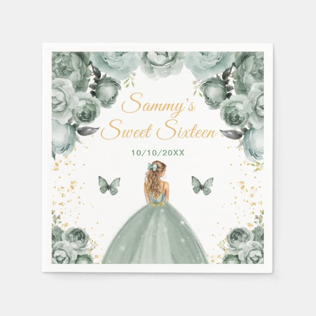 Serviette En Papier Sage Green Blonde cheveux Princesse Sweet sixteen (Devant)