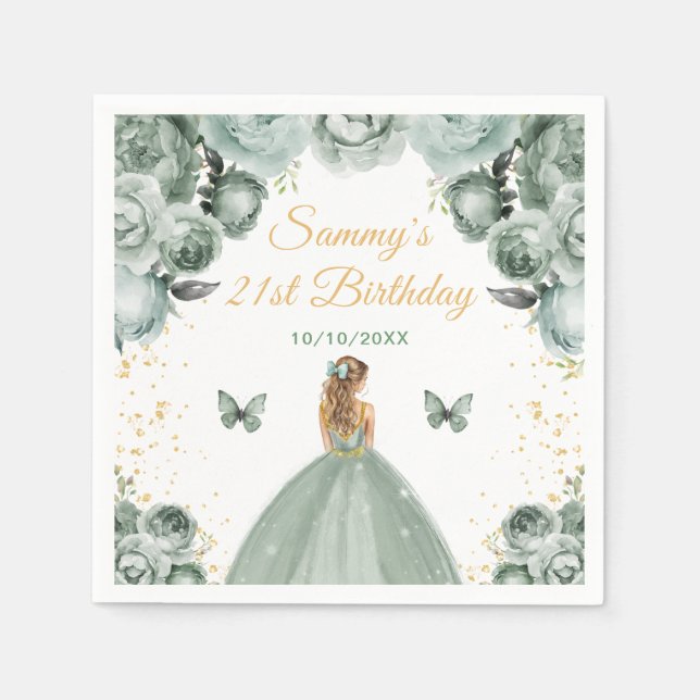 Serviette En Papier Sage Green Blonde Coiffure Princesse Anniversaire (Devant)
