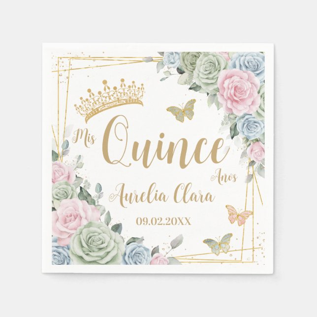 Serviette En Papier Sage Green Blush rose Floral Papillon Quinceanera (Devant)