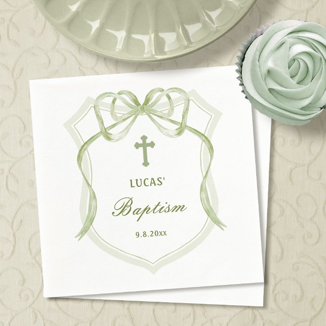 Serviette En Papier Sage Green Bow Crest Baptême (Créateur téléchargé)