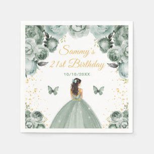 Serviette En Papier Sage Green Brunette Cheveux Princesse Anniversaire