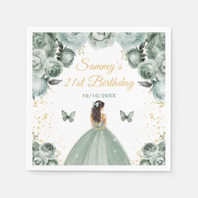 Serviette En Papier Sage Green Brunette Cheveux Princesse Anniversaire (Devant)