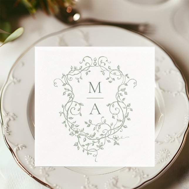 Serviette En Papier Sage Green Classic Floral Crest Monogramme Mariage (Créateur téléchargé)