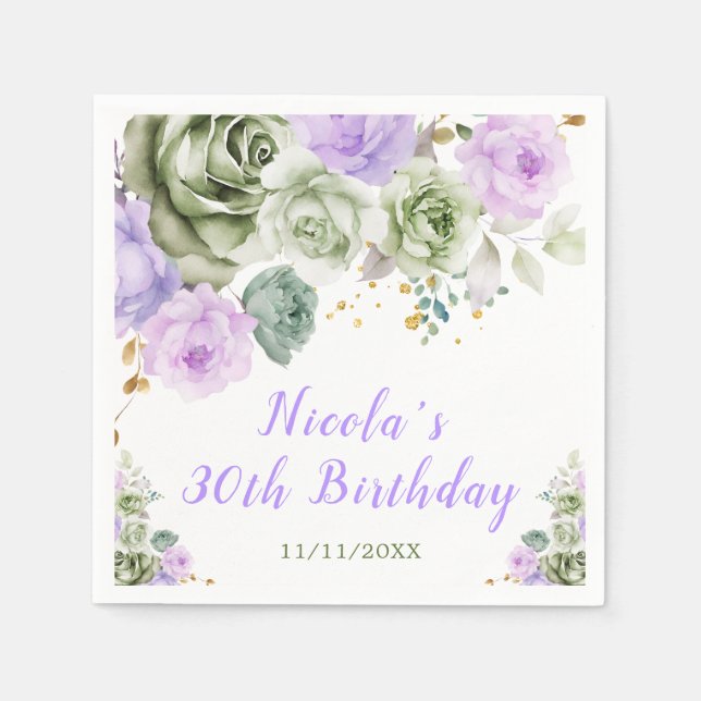 Serviette En Papier Sage Green et Purple Floral Anniversaire (Devant)