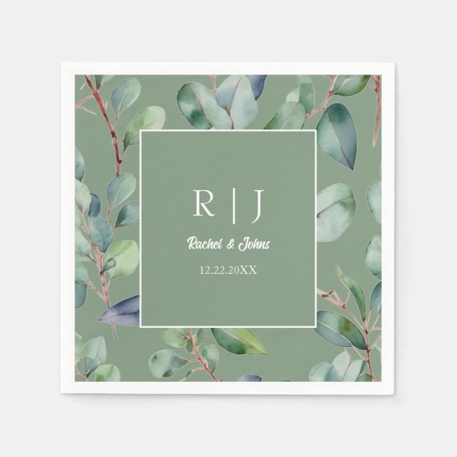 Serviette En Papier Sage Green Eucalyptus Monogramme Mariage de verdur (Devant)