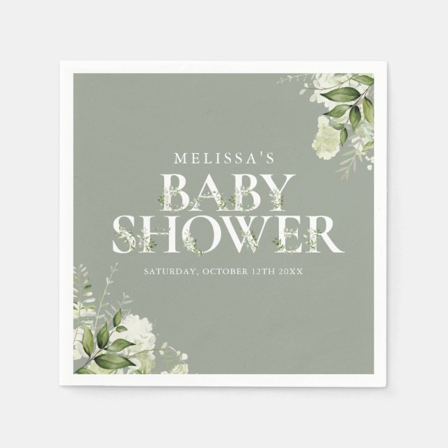 Serviette En Papier Sage Green Floral Genre Neutre Baby shower (Devant)