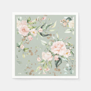 Serviette En Papier Sage Green Gold Aquarelle Florale Botanique Party