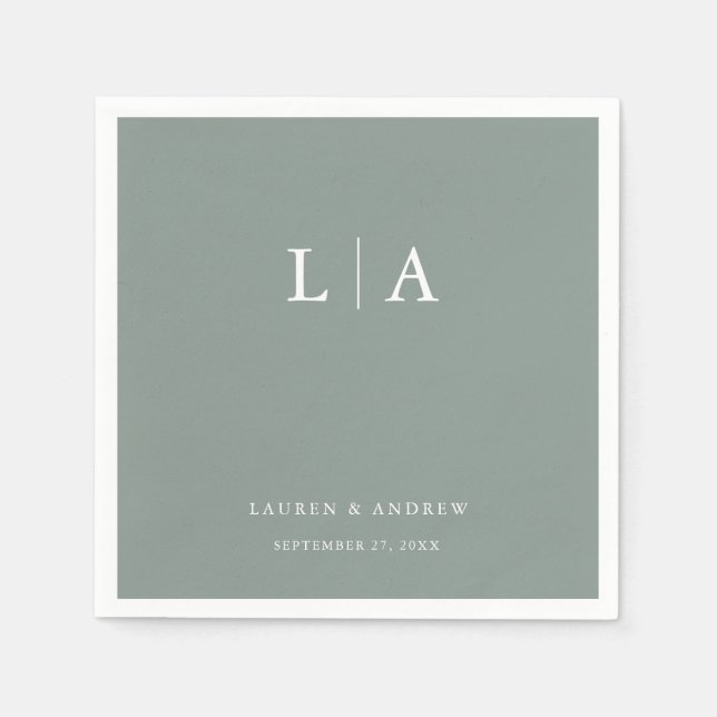Serviette En Papier Sage Green Monogramme Élégant Mariage simple servi (Devant)