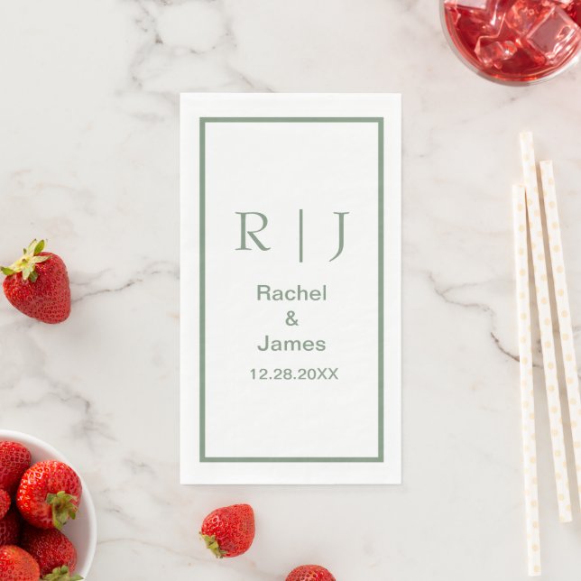 Serviette En Papier Sage Green Monogramme Initiales Nom Mariage simple (En situation)