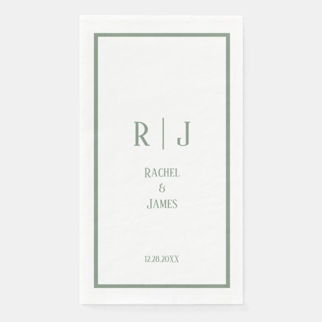 Serviette En Papier Sage Green Monogramme Nom Mariage minimal élégant (Devant)