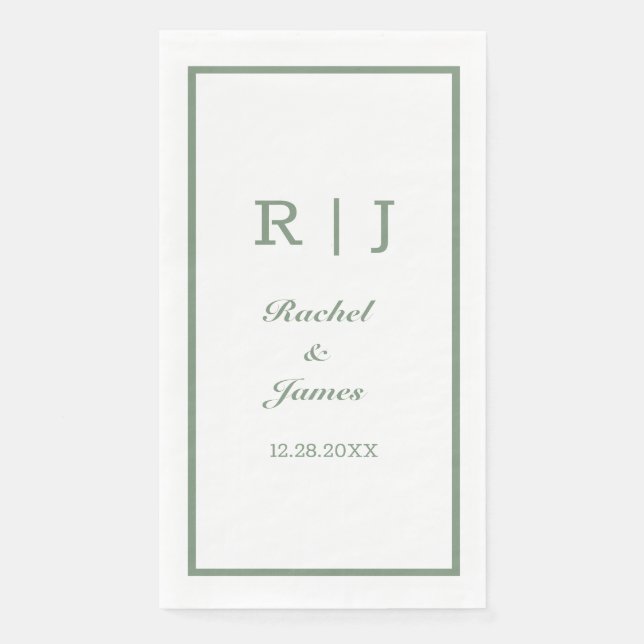 Serviette En Papier Sage Green Nom Monogramme Mariage minimal élégant (Devant)
