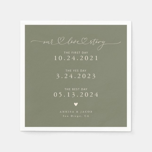 Serviette En Papier Sage Green Our Love Story Script Hearts Mariage (Devant)