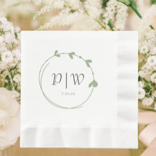 Serviette En Papier Sage Green Simple Monogramme Coeur Mariage de cour