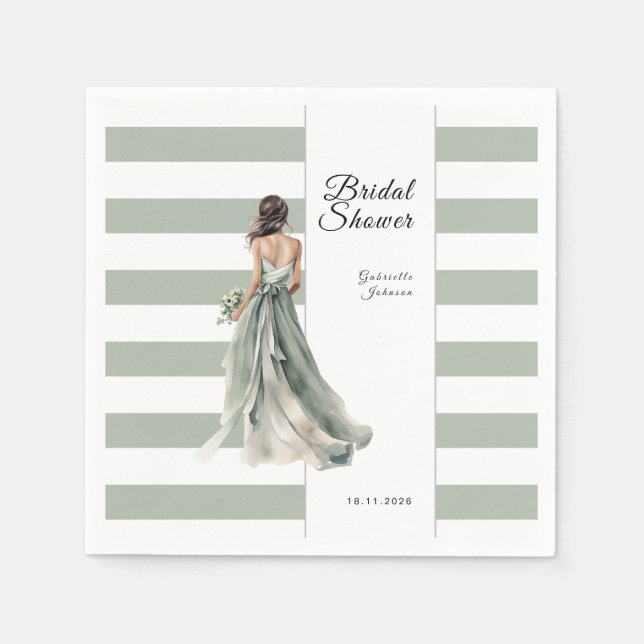 Serviette En Papier Sage Green Stripes Aquarelle Bride Fête des mariée (Devant)