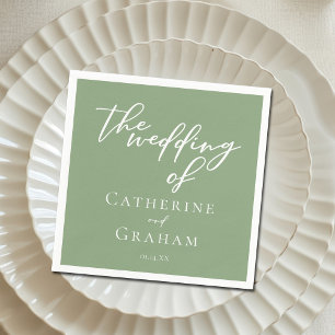 Serviette En Papier Sage Green White Typographie minimaliste Mariage