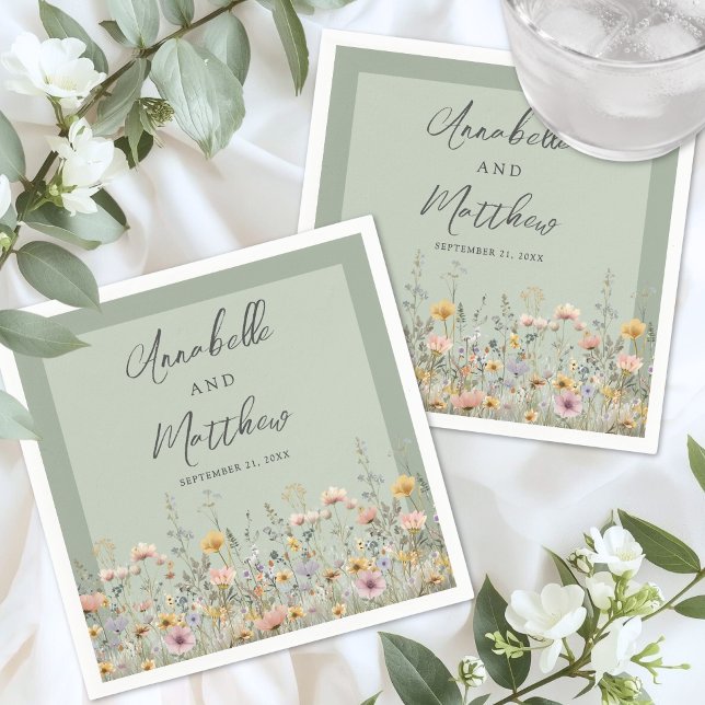 Serviette En Papier Sage Green Wildflower Floral Wedding (Sage Green Wildflower Floral Wedding Napkins )