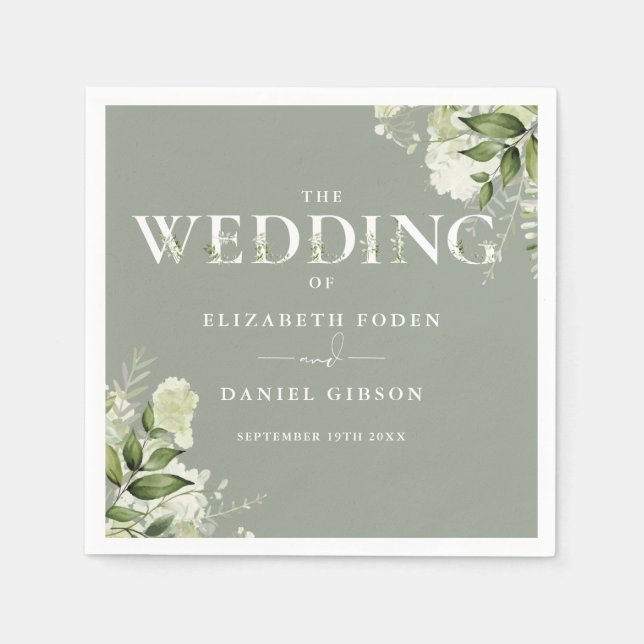 Serviette En Papier Sage Greenery Floral Typographie Mariage (Devant)