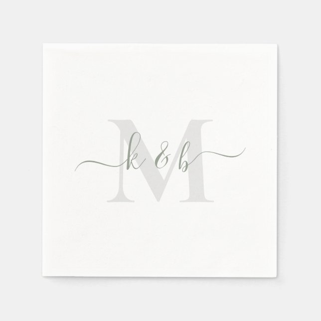 Serviette En Papier Sage & Gris Monogramme Swash Script Blanc Cocktail (Devant)
