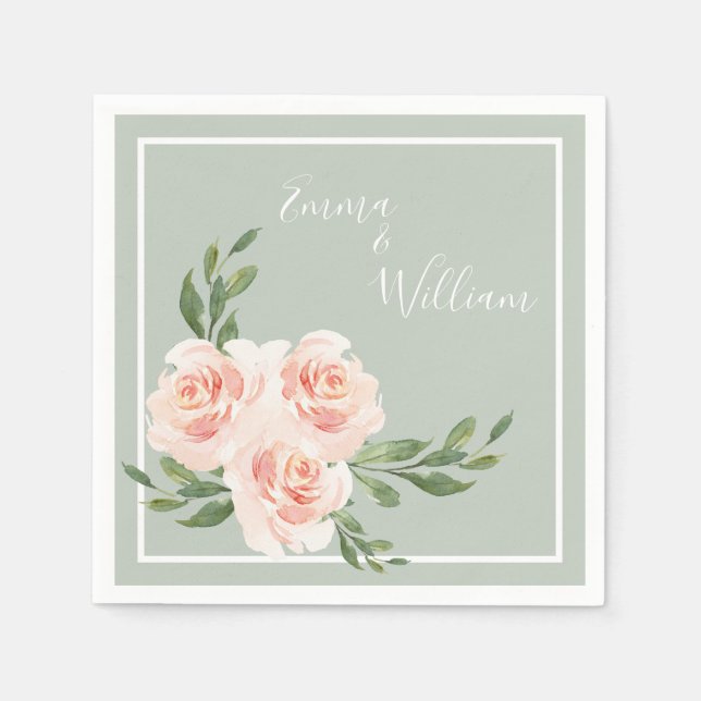 Serviette En Papier Sage Vert Floral Aquarelle Mariage romantique (Devant)
