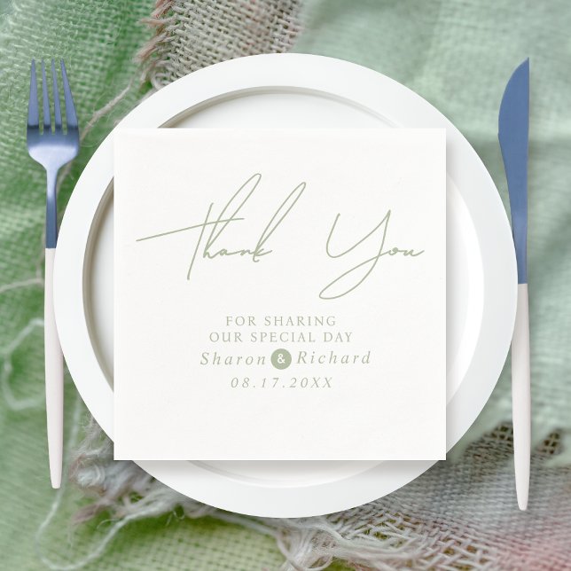 Serviette En Papier Sage vert script calligraphie Merci mariage (Créateur téléchargé)