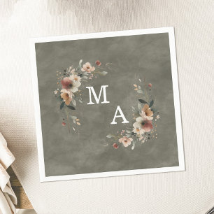 Serviette En Papier Sage Whisper Green Floral Wreath Mariage Monogramm