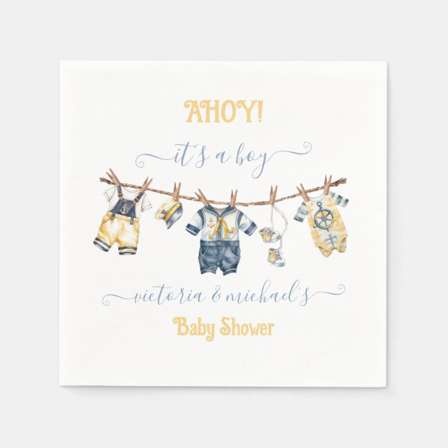 Serviette En Papier Sailor Nautical Ahoy Boy Baby shower Clothesline (Devant)