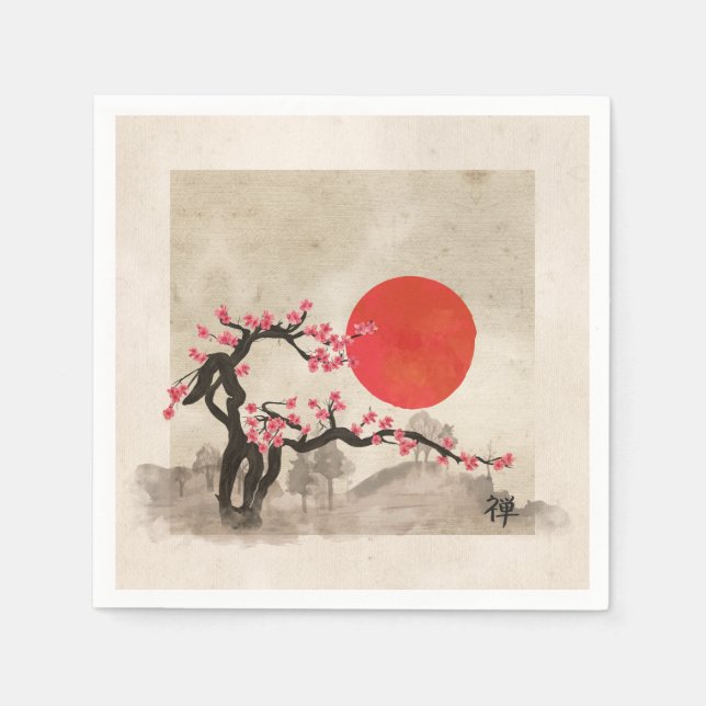 Serviette En Papier Sakura Blossom Paysage Hiéroglyphe Zen (Devant)