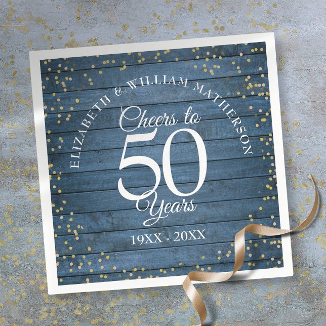 Serviette En Papier Salutations À 50 Anniversaire Mariage Bleu Rustiqu (Cheers To 50 Years Wedding Anniversary Blue Rustic Napkins)
