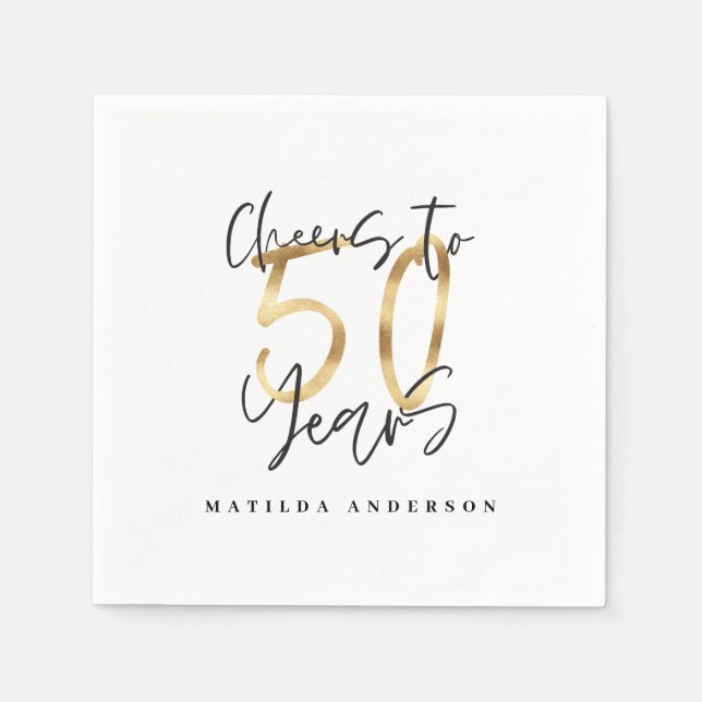 Serviette En Papier Salutations à 50 ans noir et or moderne design (Devant)