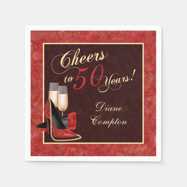 Serviette En Papier Salutations à 50 ans Rouge Or Noir (Devant)