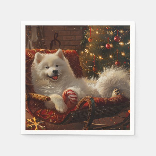 Serviette En Papier Samoyed Chien Festive de Noël (Devant)