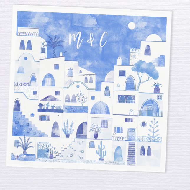 Serviette En Papier Santorin Oia Mariage Monogramme initial (Santorini Greece blue and white wedding napkin with custom bride and groom initials)