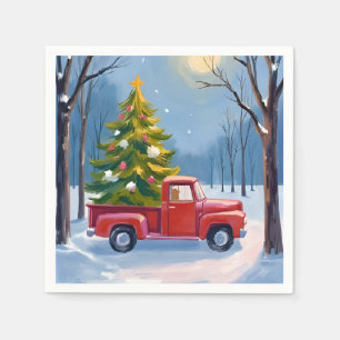 Serviette En Papier Sapin de Noël Livraison Camion Rouge Aquarelle