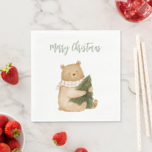 Serviette En Papier Sapin de Noël Ours Heureux Vert Blanc