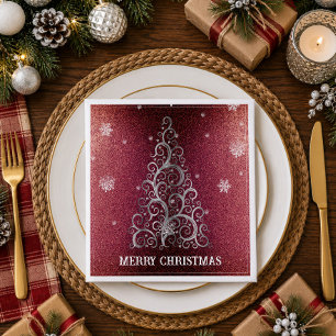 Serviette En Papier Sapin de Noël Paillettes et Flocons Rouge