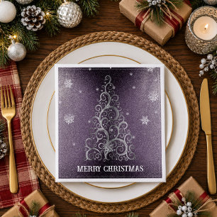 Serviette En Papier Sapin de Noël Paillettes et Flocons Violet