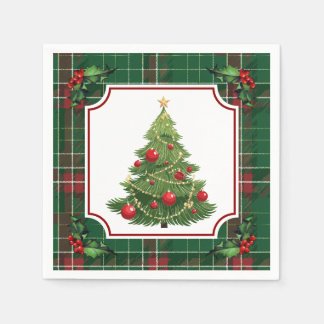 Serviette En Papier Sapin de Noël Vert Carreaux avec Holly