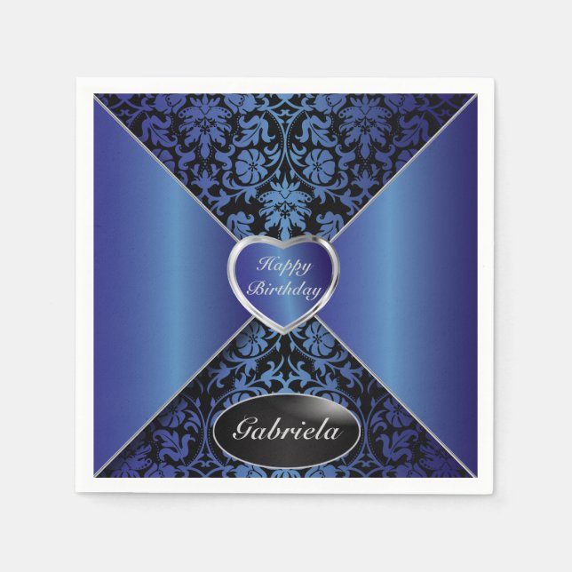 Serviette En Papier Sapphire bleu et noir Damas | Personnaliser (Devant)