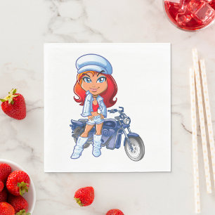 Serviette En Papier Sassy Biker Girl avec cheveux rouges et moto