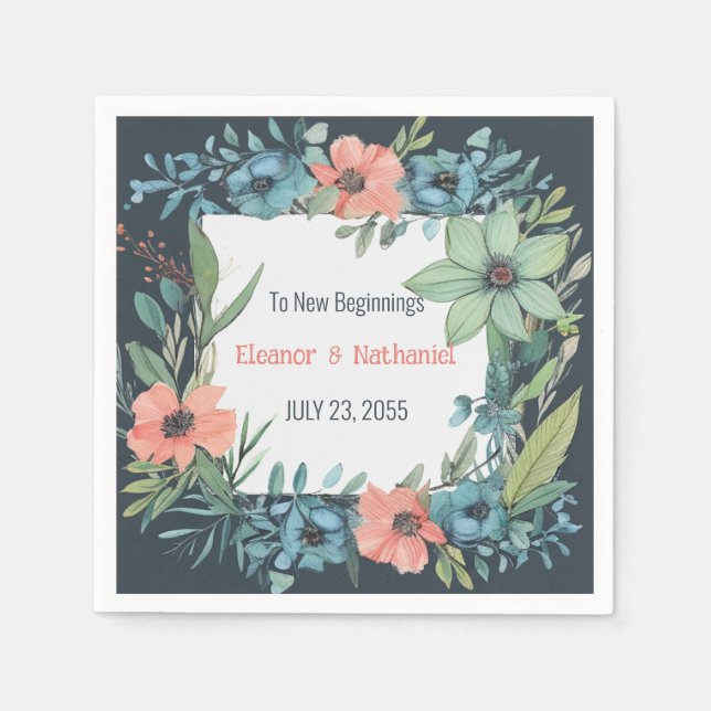 Serviette En Papier Saumon floral Whimsical Mariage bleu vert (Devant)