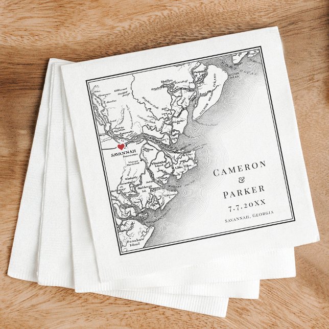 Serviette En Papier Savannah Géorgie Carte Elégant Mariage noir blanc (Elegant Savannah Georgia Custom Wedding napkins with personalized black and white map )