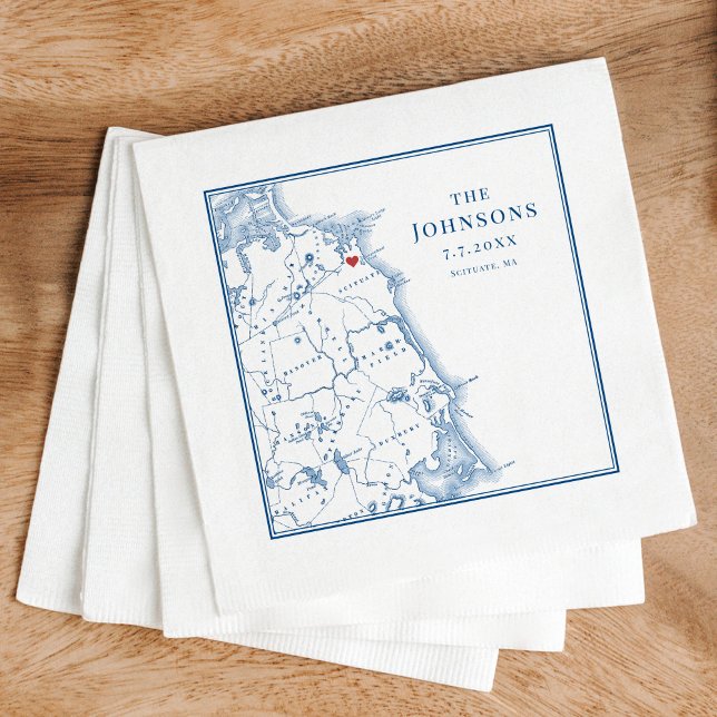 Serviette En Papier Scituate Massachusetts Map Nom Élégant (These last name Scituate MA napkins are perfect to toast the couple at a wedding reception)