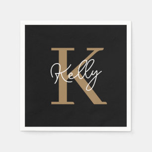 Serviette En Papier Script de monogramme d'or noir moderne