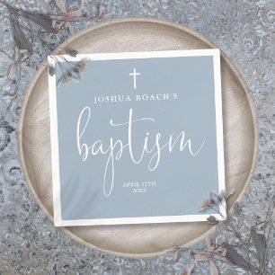 Serviette En Papier Script élégant moderne Dusty Baptême bleu