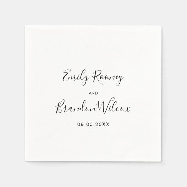 Serviette En Papier Script élégant noir et blanc Mariage moderne (Devant)